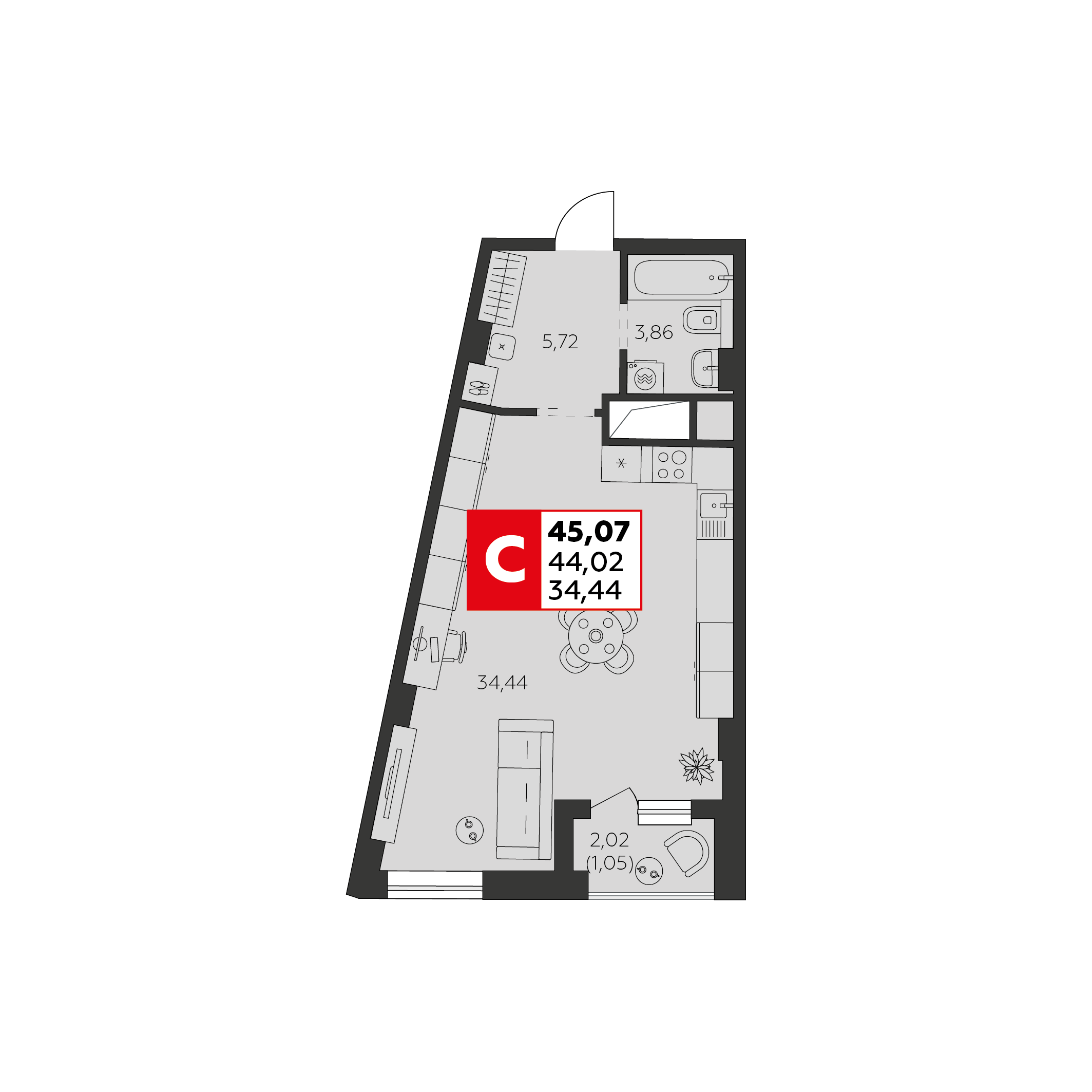 Студия 45 м2 в ЖК Высотка корпус null этаж 22