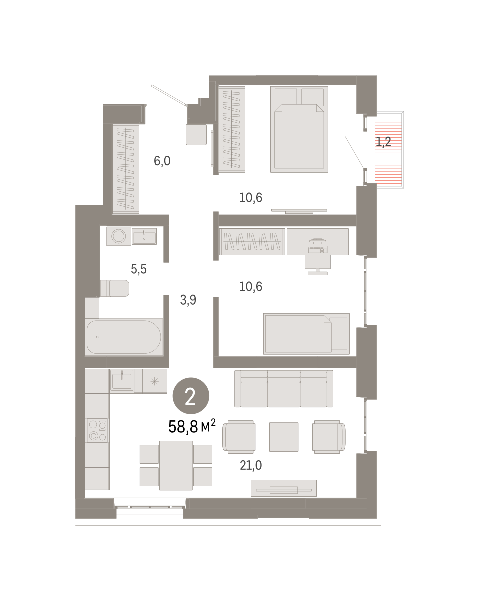 2-комнатная 58 м2 в ЖК Метроном корпус null этаж 4