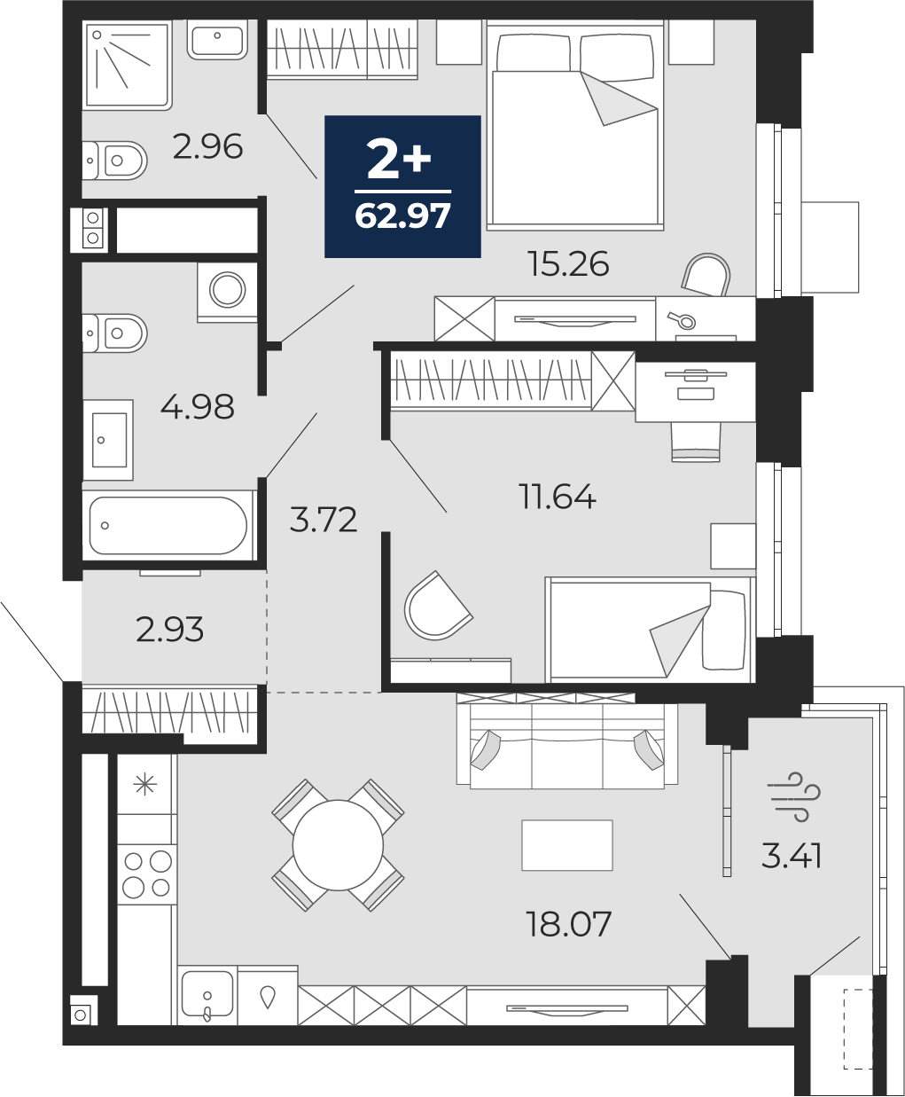 2-комнатная 59 м2 в ЖК Мириады корпус null этаж 2