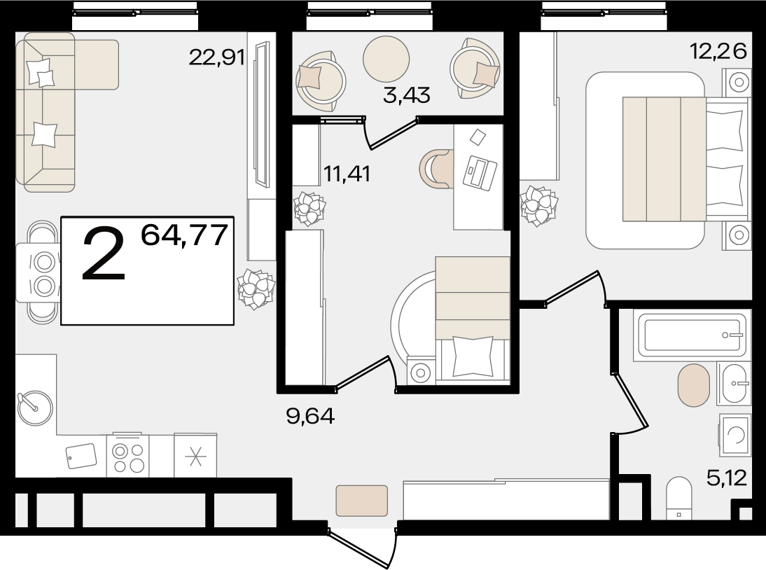 2-комнатная 64 м2 в ЖК Патрики корпус null этаж 7