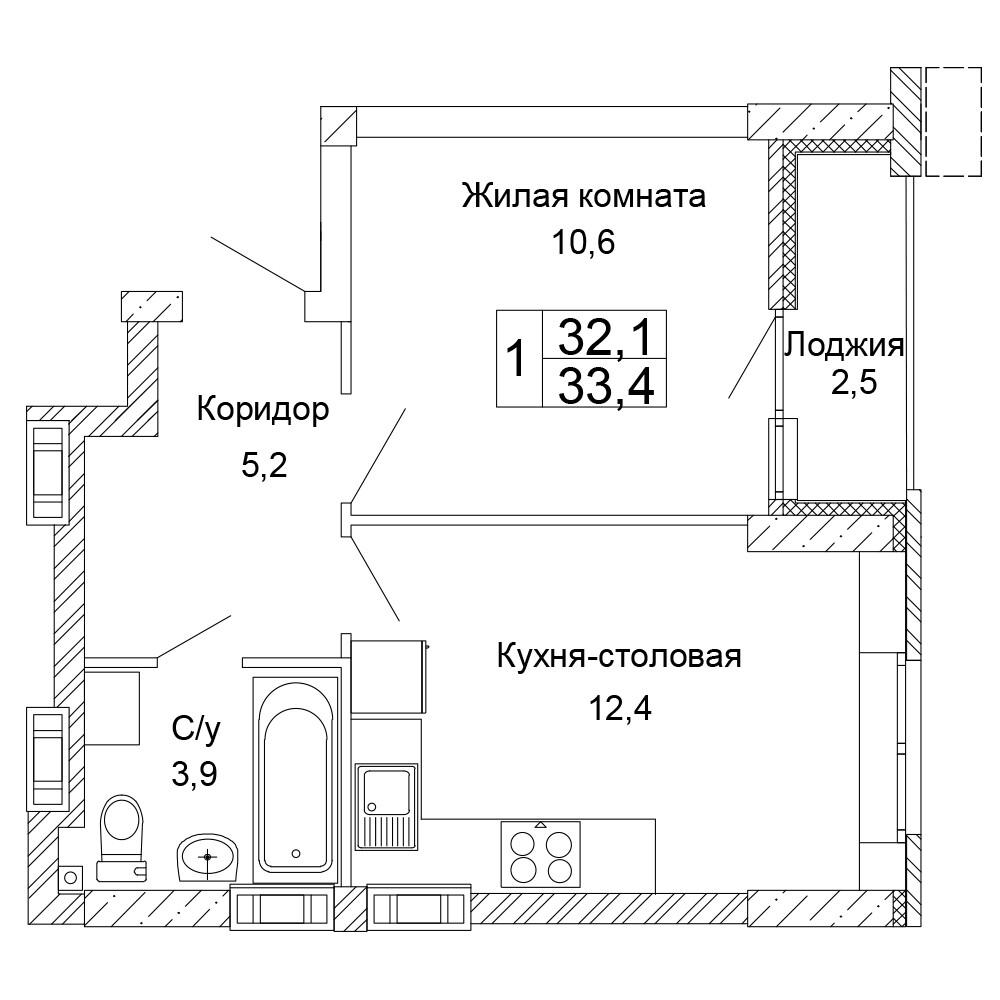 1-комнатная 33 м2 в ЖК Колизей корпус null этаж 5