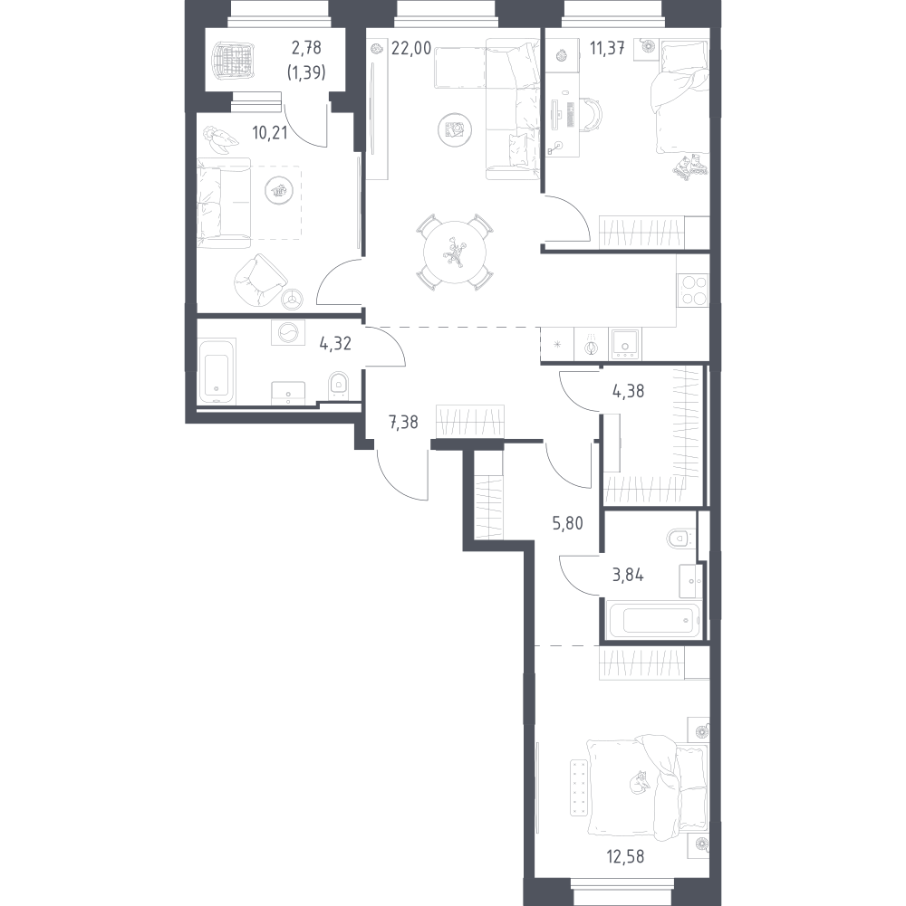 3-комнатная 83 м2 в ЖК Заречье Парк корпус null этаж 2