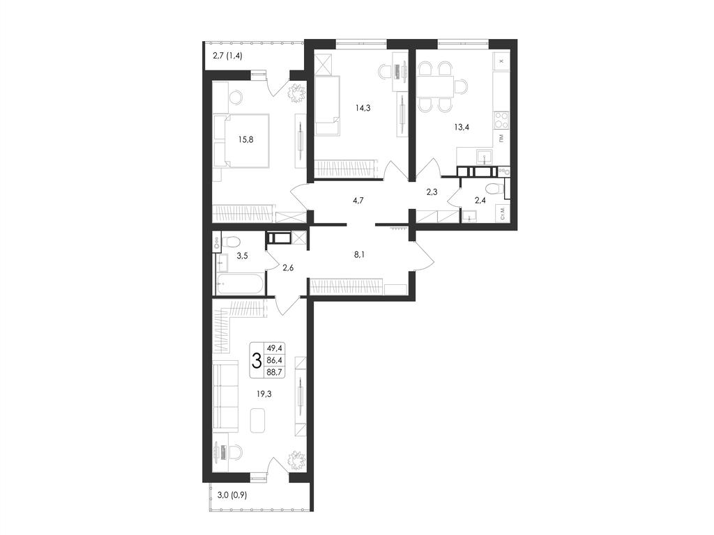 3-комнатная 88 м2 в ЖК Май корпус null этаж 12
