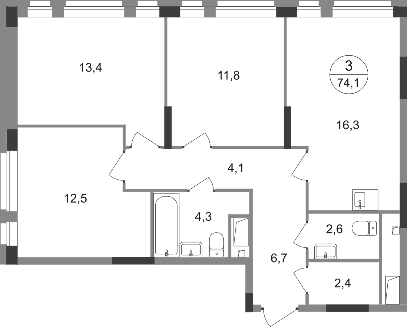 3-комнатная 74 м2 в ЖК Первый Московский корпус null этаж 19