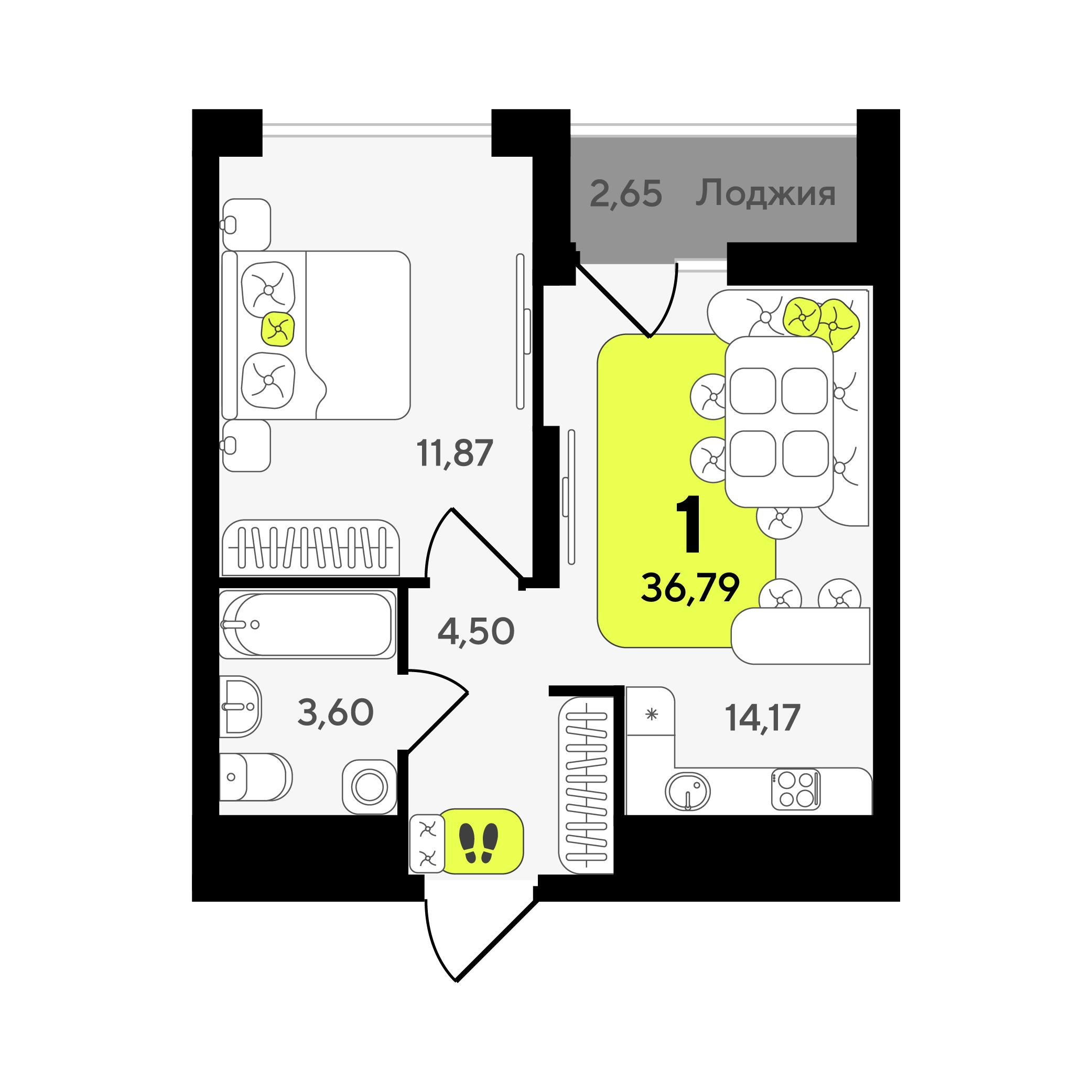 1-комнатная 36 м2 в ЖК Окинава корпус null этаж 8