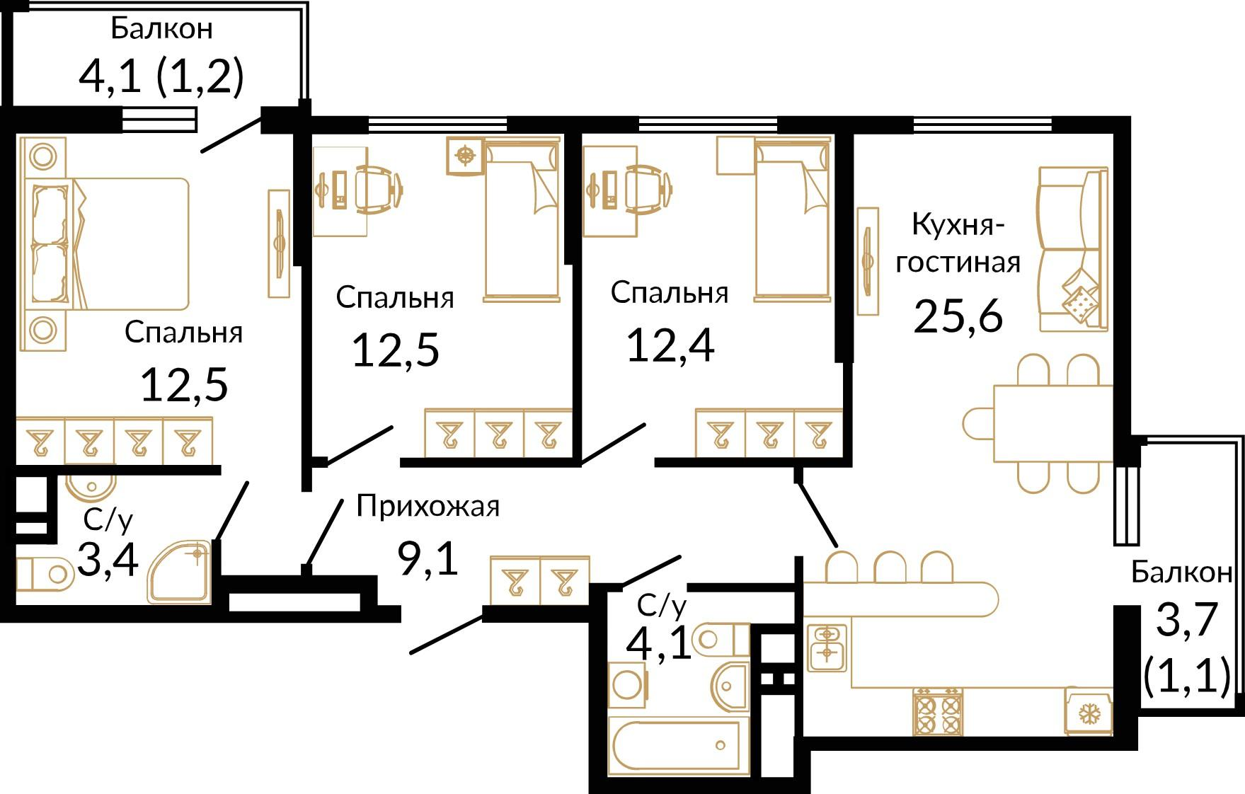 3-комнатная 85 м2 в ЖК Вместе корпус null этаж 15