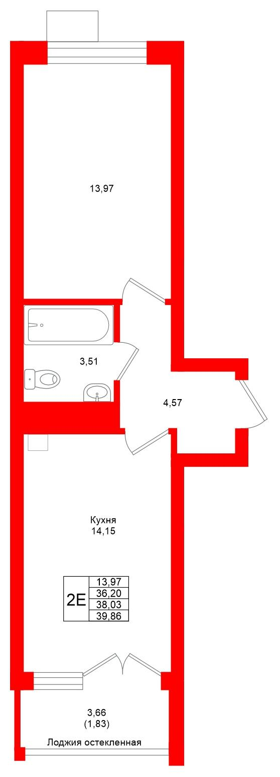 1-комнатная 38 м2 в ЖК Lake City-4 корпус null этаж 3