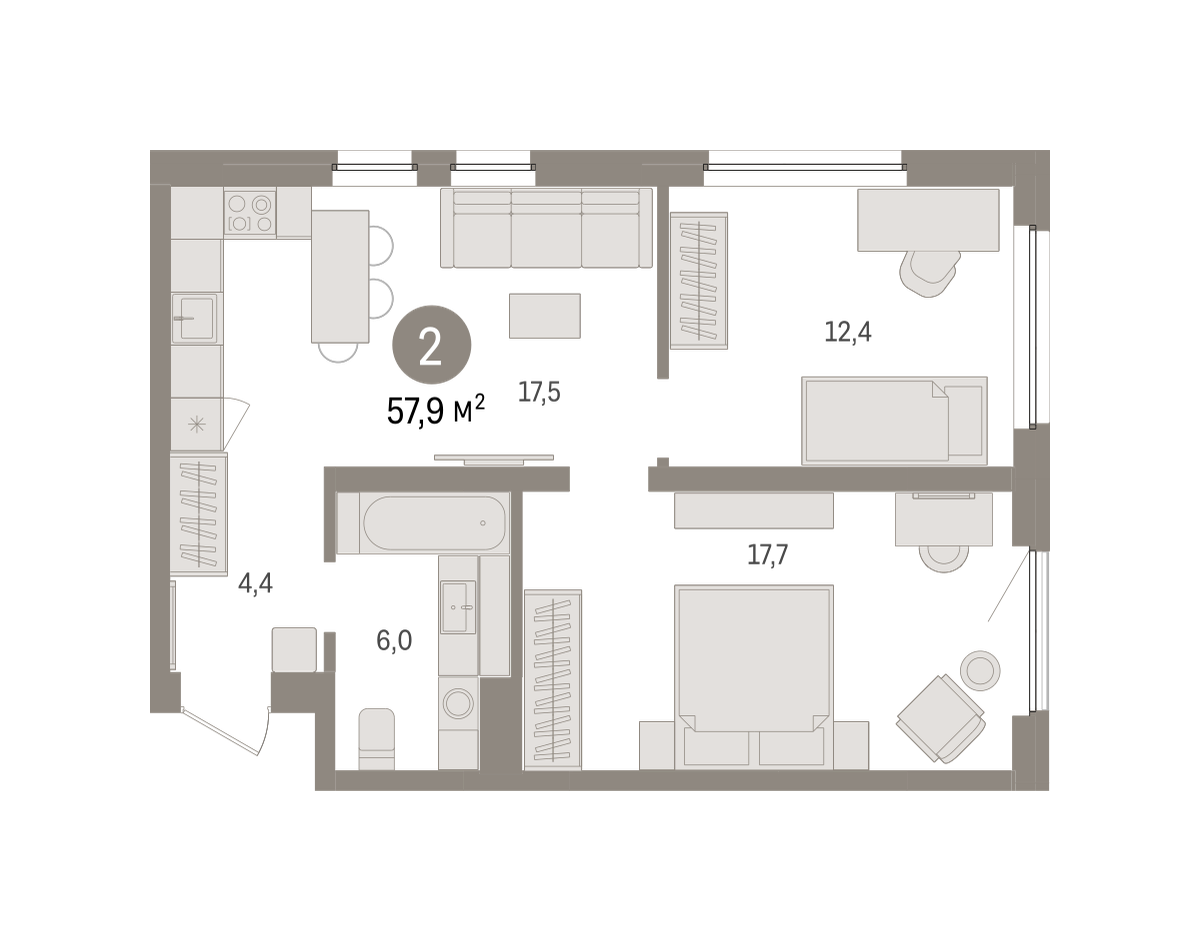 2-комнатная 57 м2 в ЖК Зарека корпус null этаж 14