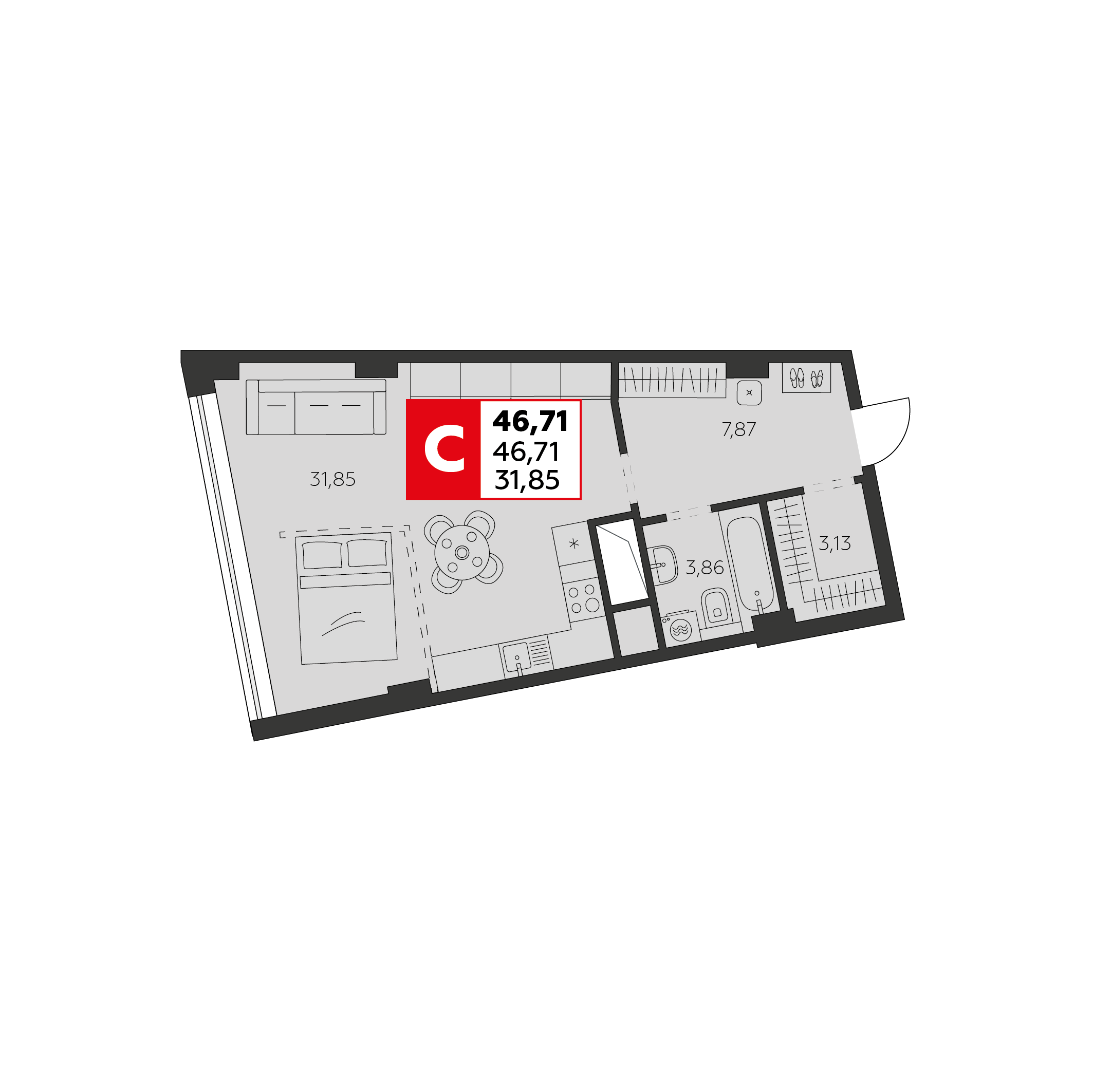 Студия 46 м2 в ЖК Высотка корпус null этаж 22