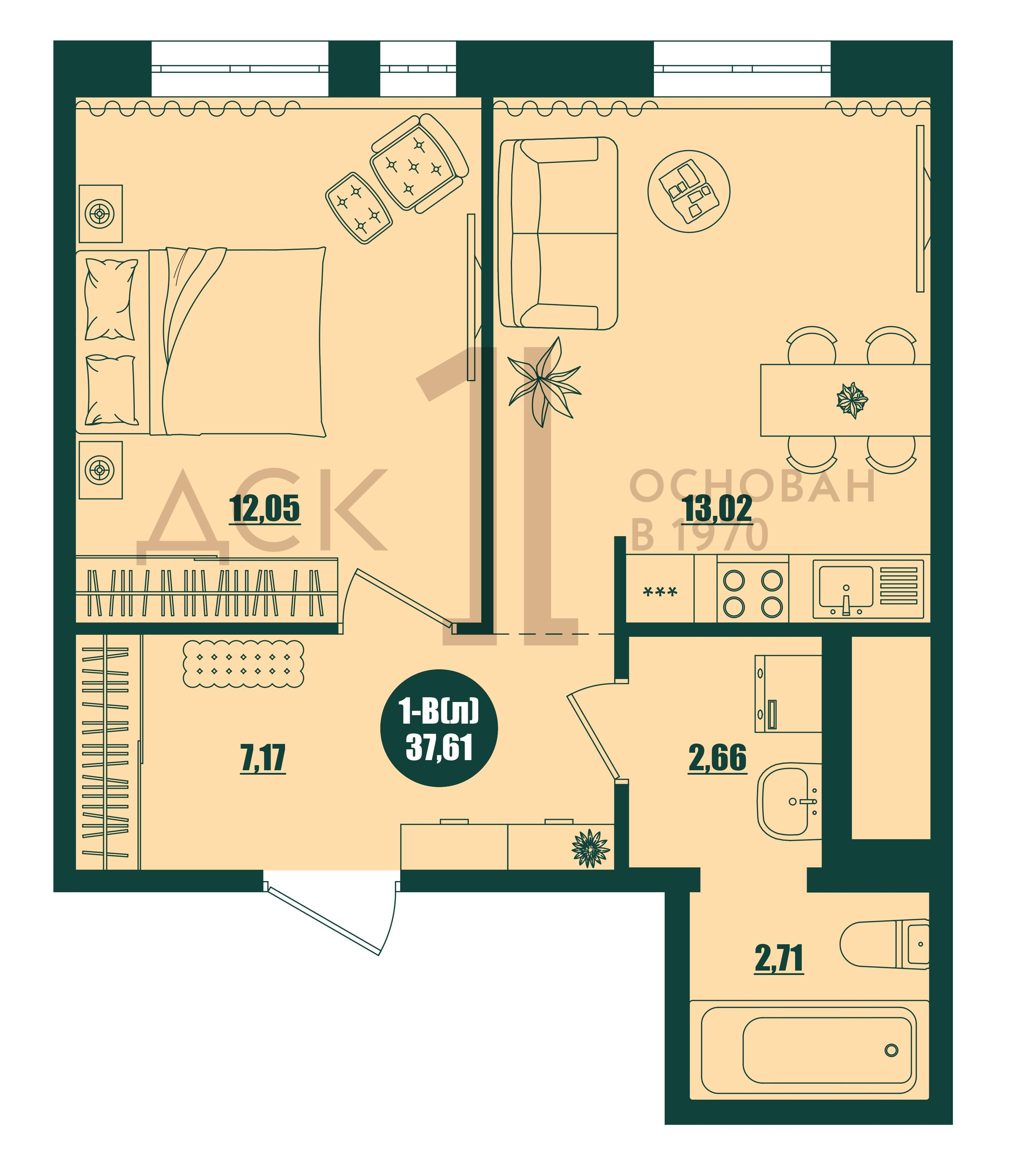 1-комнатная 37 м2 в ЖК Крылов корпус null этаж 12