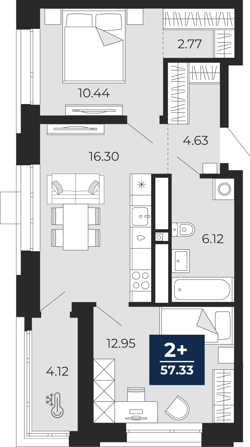 2-комнатная 53 м2 в ЖК Мириады корпус null этаж 3