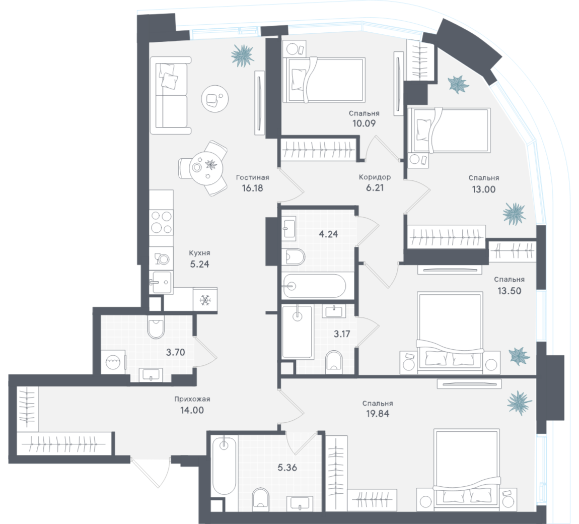 4-комнатная 114 м2 в ЖК Solos корпус null этаж 34