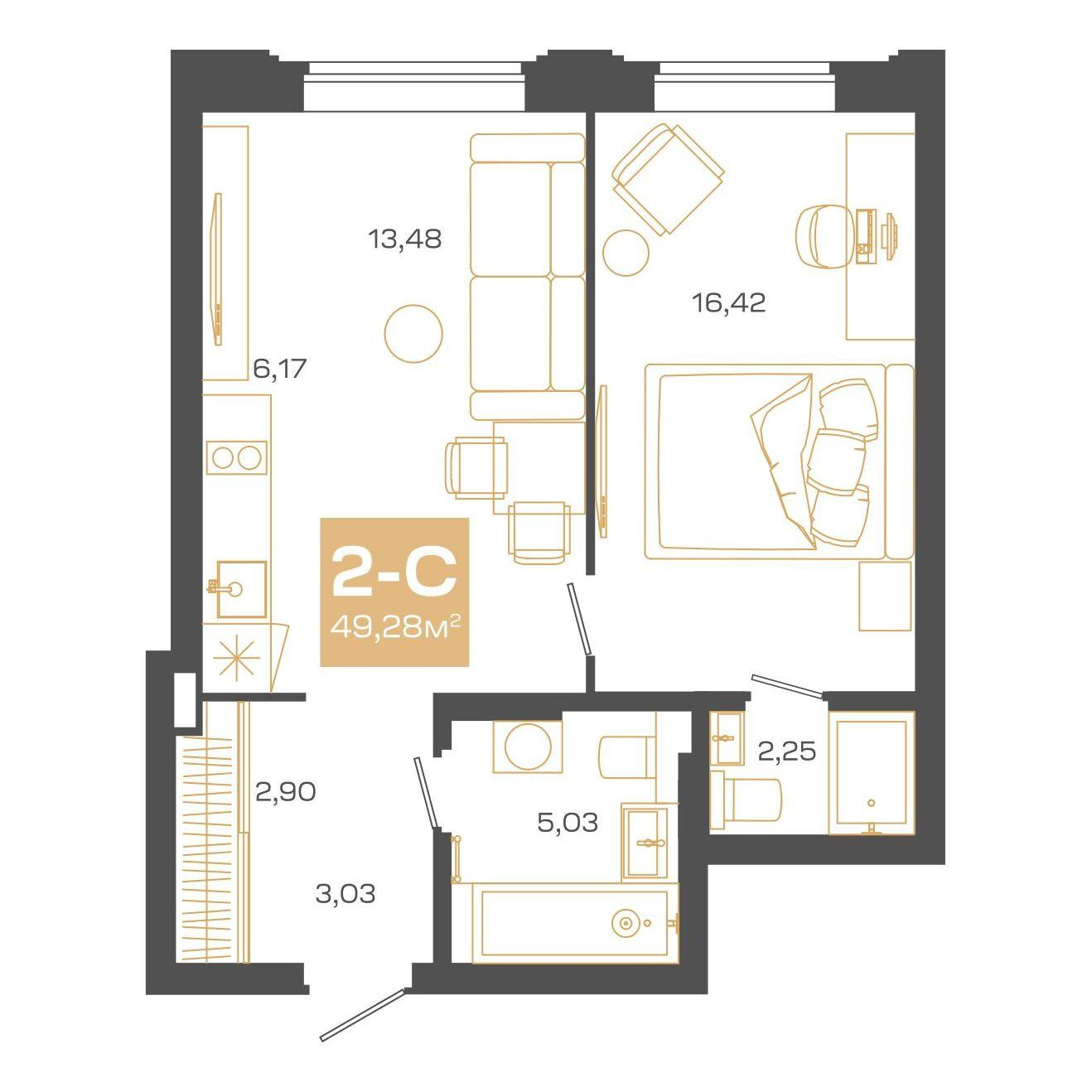 2-комнатная 49 м2 в ЖК Пульсар корпус null этаж 20