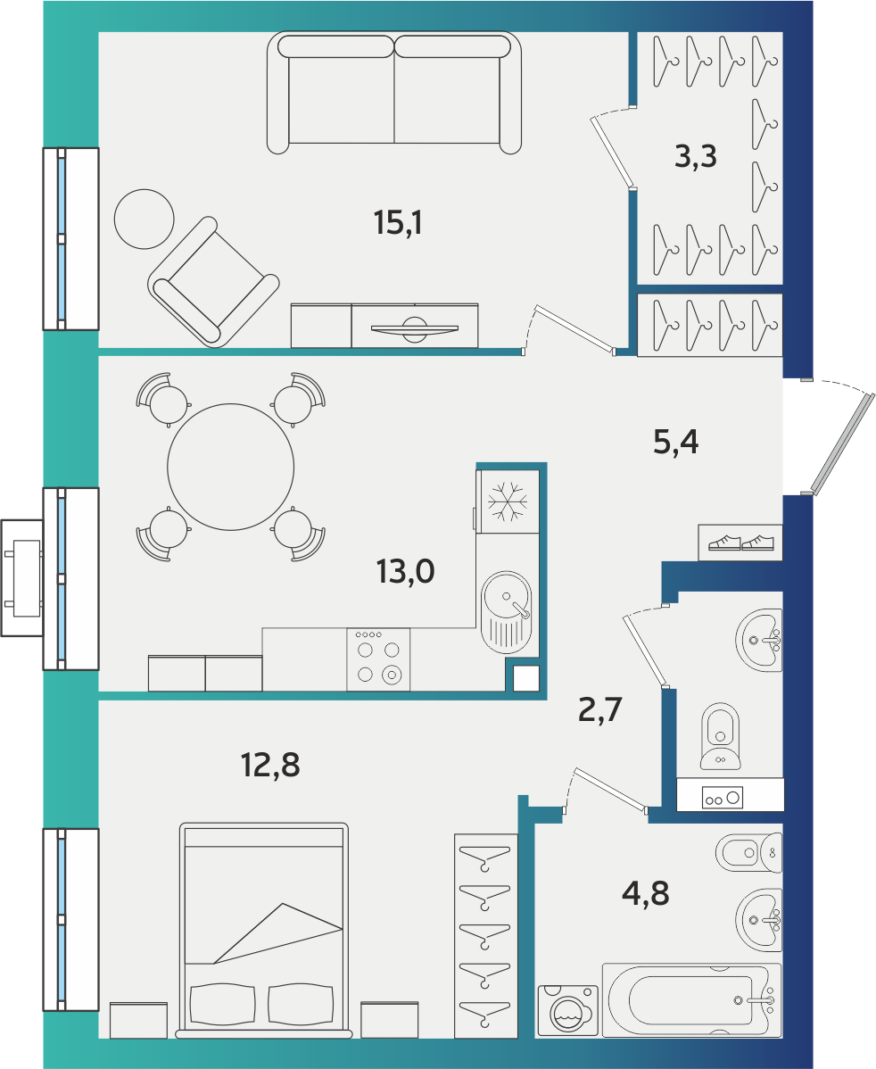 2-комнатная 58 м2 в ЖК Экополис корпус null этаж 1