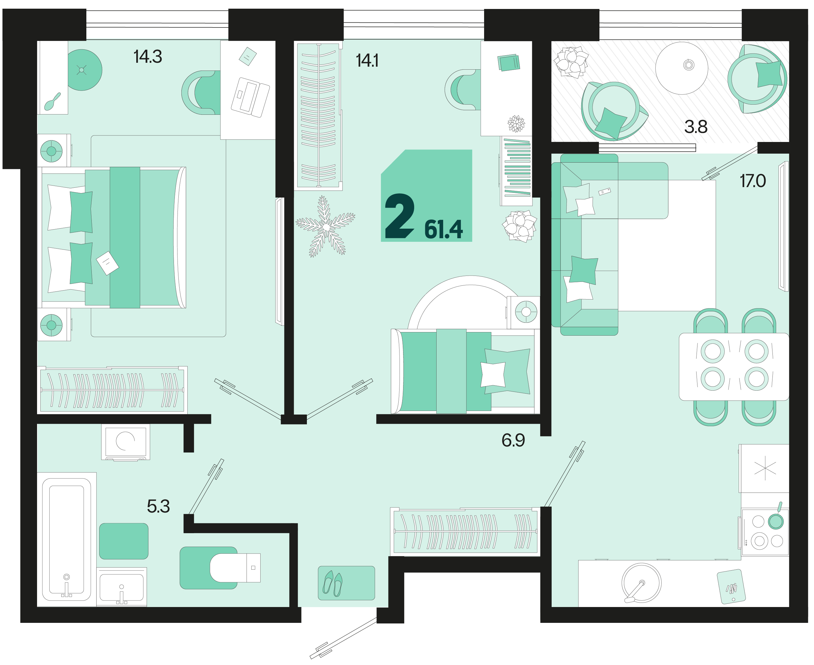 2-комнатная 61 м2 в ЖК Первое место корпус null этаж 2