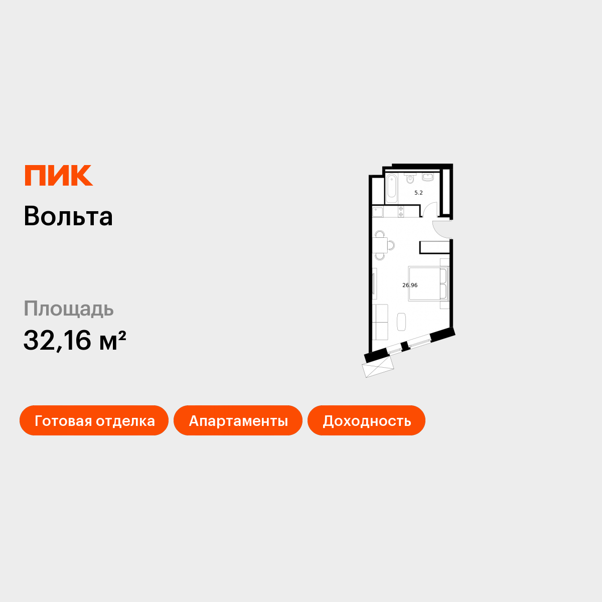 Студия 31 м2 в ЖК Вольта корпус null этаж 5