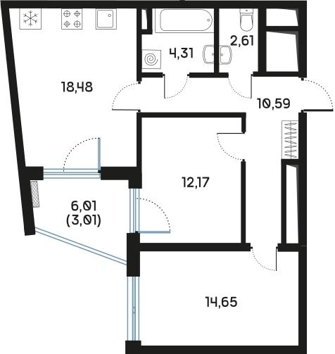 2-комнатная 66 м2 в ЖК Регенбоген корпус null этаж 4