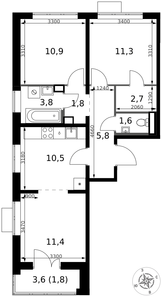 3-комнатная 61 м2 в ЖК 1-й Южный корпус null этаж 10