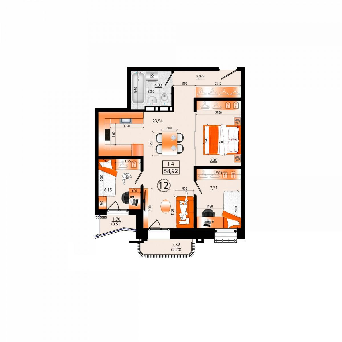 4-комнатная 58 м2 в ЖК Sunrise корпус null этаж 3