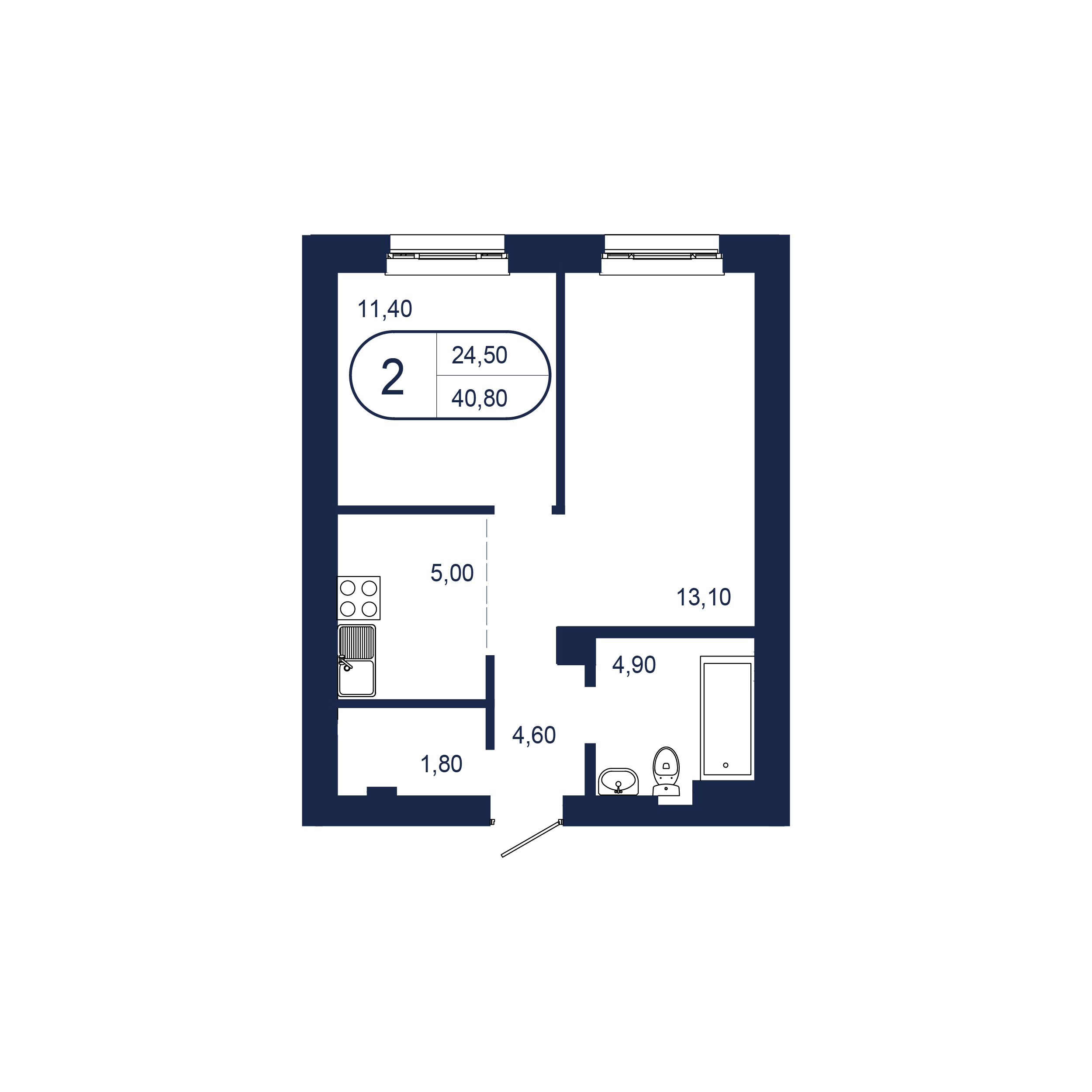 2-комнатная 40 м2 в ЖК Клубный дом «NEW BRIDGE» корпус null этаж 6