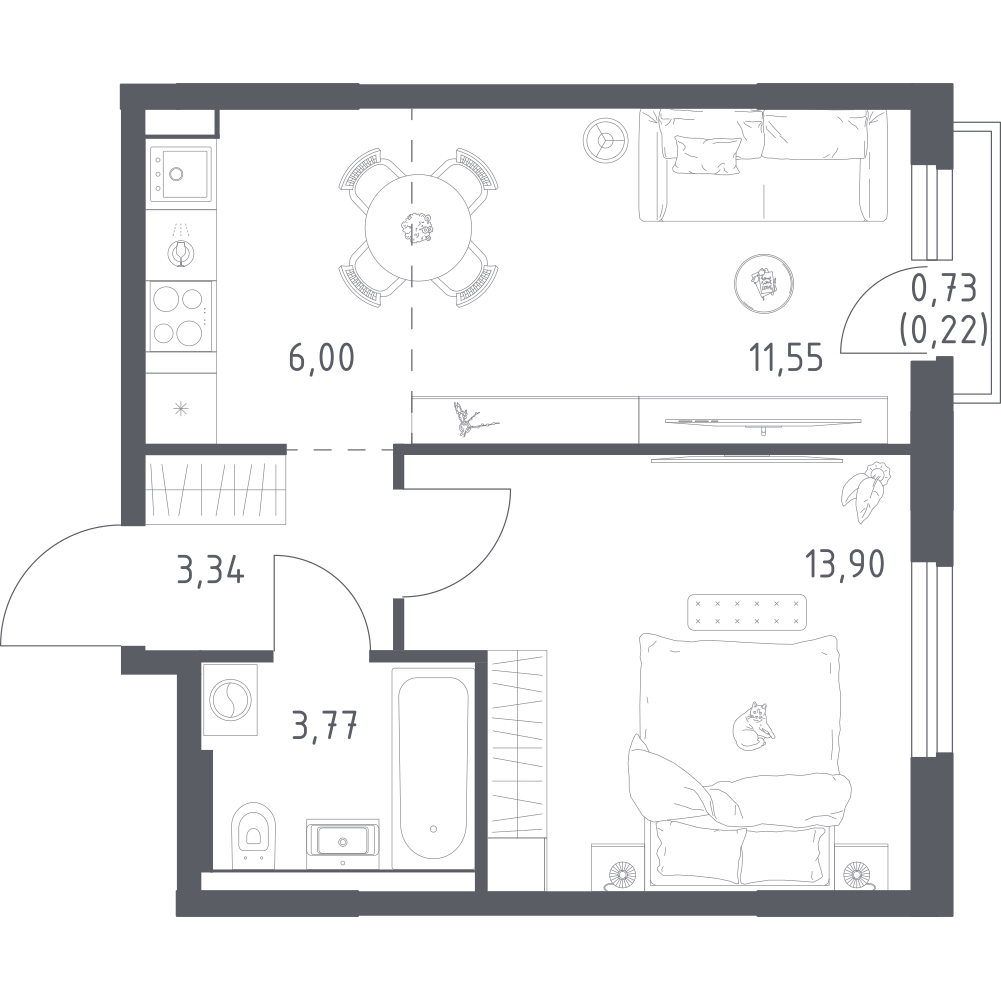 1-комнатная 38 м2 в ЖК Урбан Тау корпус null этаж 23