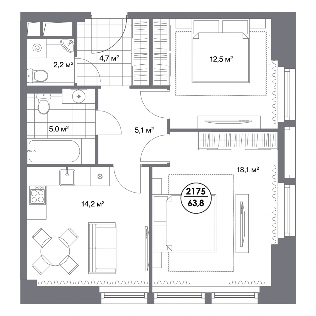 2-комнатная 63.8 м2 в ЖК undefined корпус null этаж 8