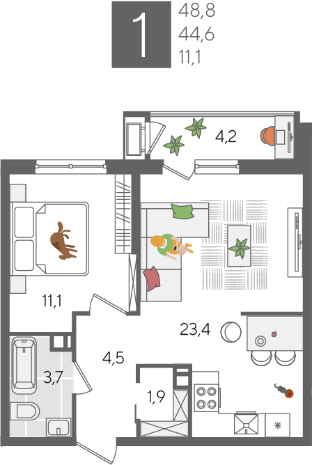 1-комнатная 48 м2 в ЖК Рекорд 2 корпус null этаж 9