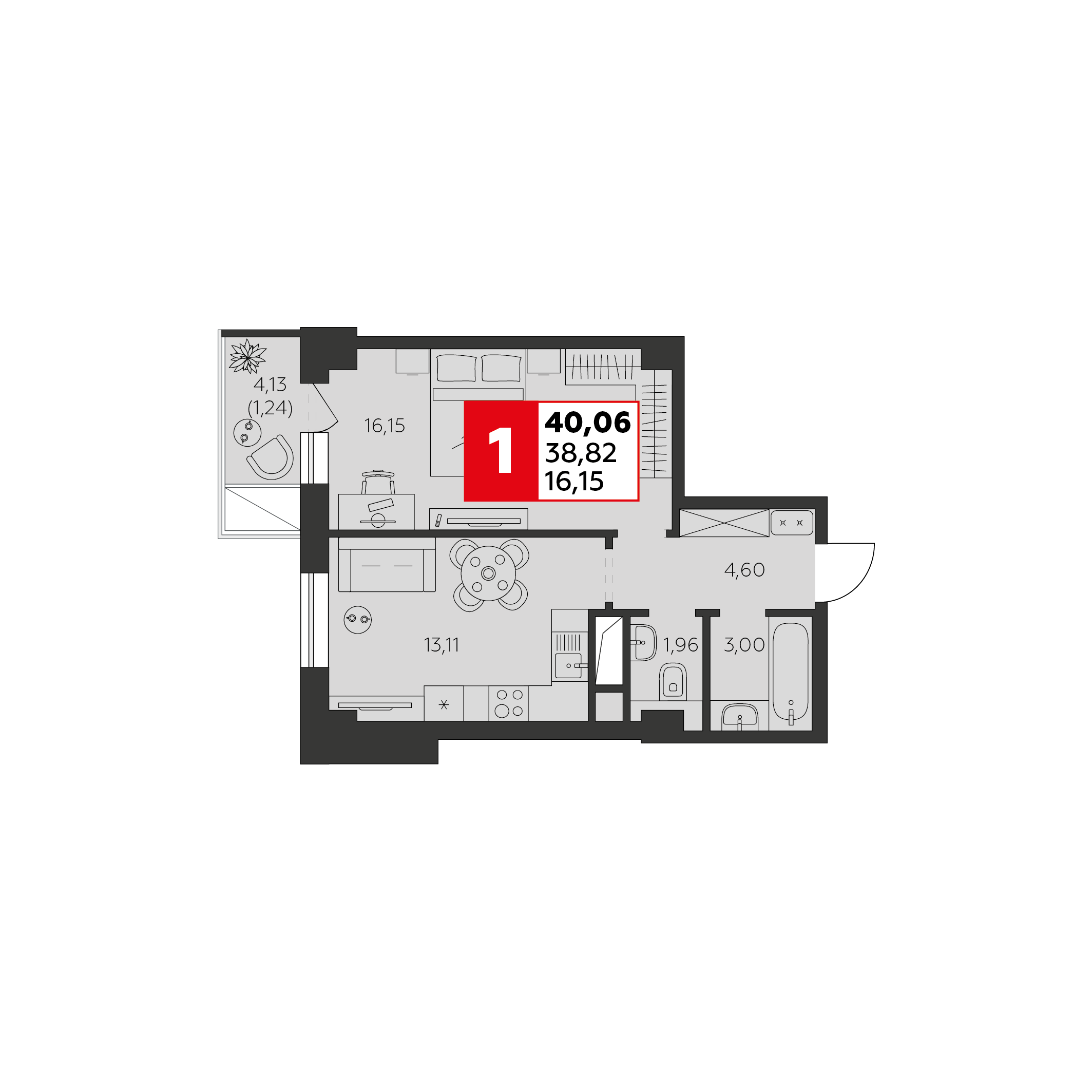 1-комнатная 40 м2 в ЖК Высотка корпус null этаж 6