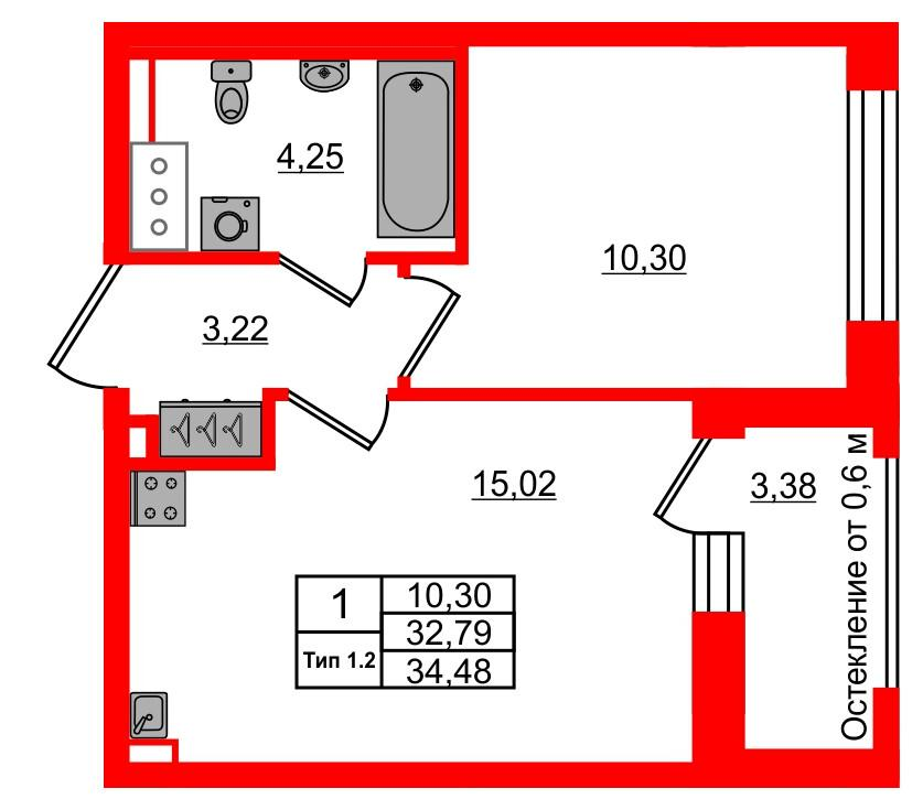 1-комнатная 32 м2 в ЖК Setl Ривьера корпус null этаж 2