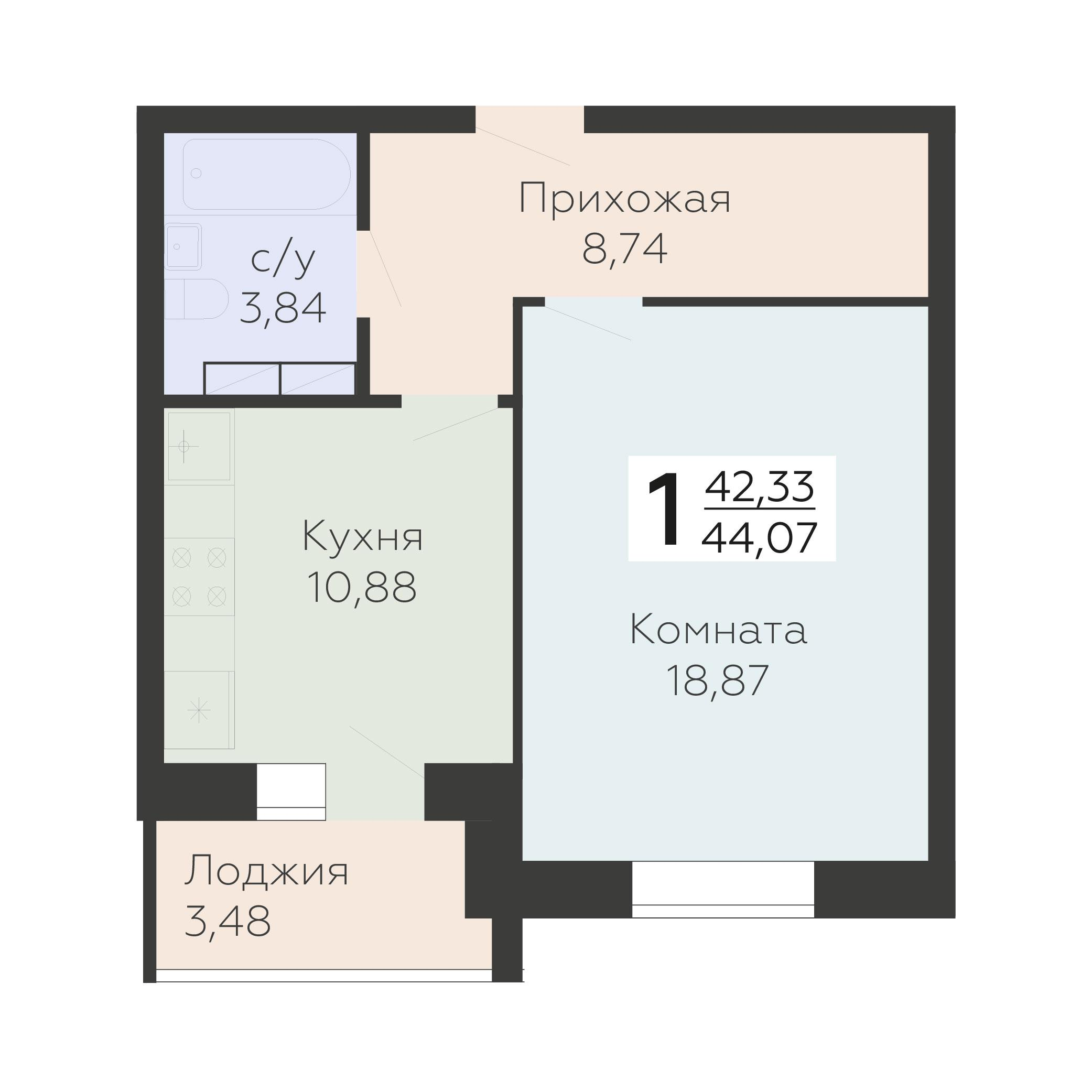 1-комнатная 44 м2 в ЖК Nova парк корпус null этаж 3