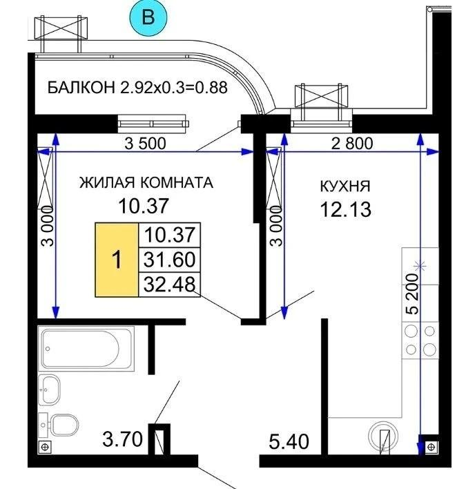 1-комнатная 32.5 м2 в ЖК undefined корпус null этаж 2