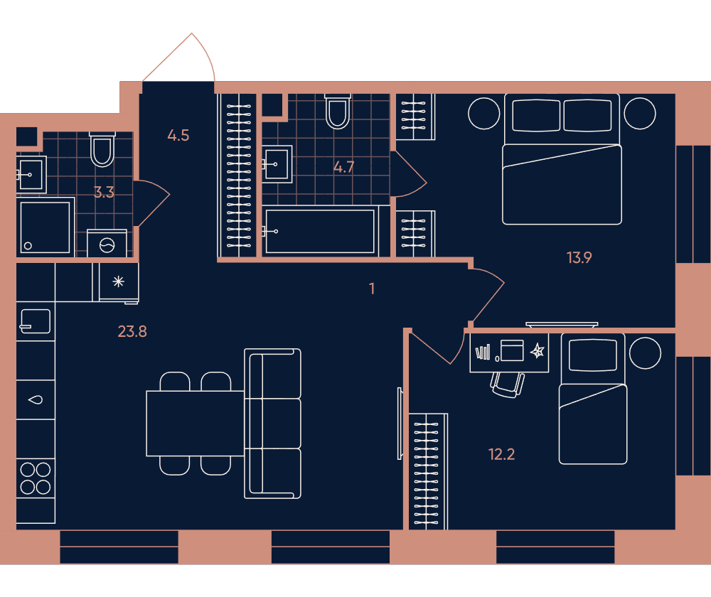 3-комнатная 63 м2 в ЖК ERA / Дербеневская 20 корпус null этаж 22