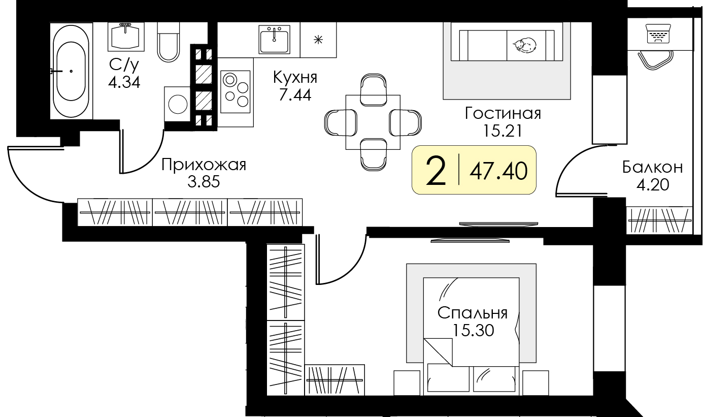 1-комнатная 47 м2 в ЖК Урбан Парк корпус null этаж 14