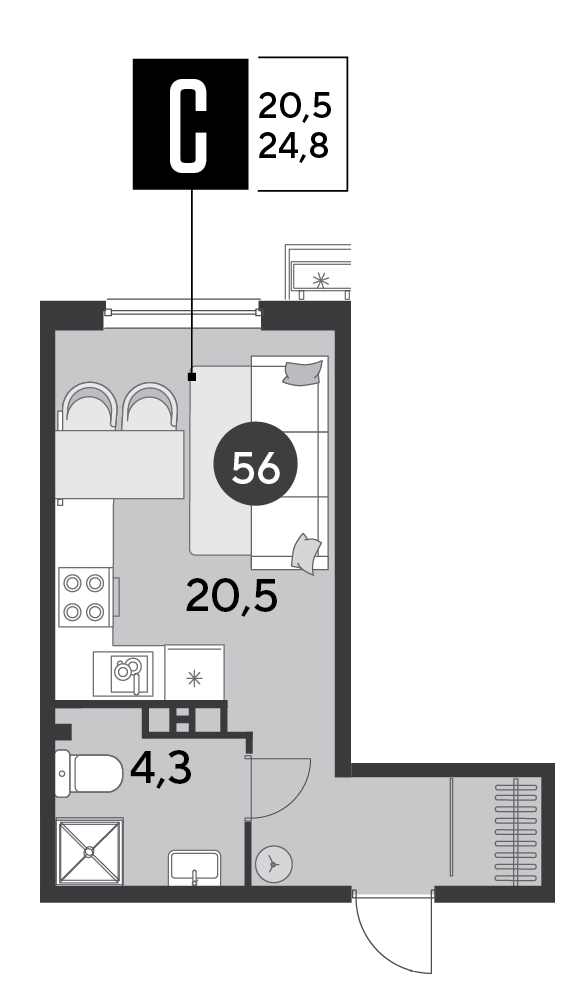 Студия 24 м2 в ЖК Парк Победы 2 корпус null этаж 7