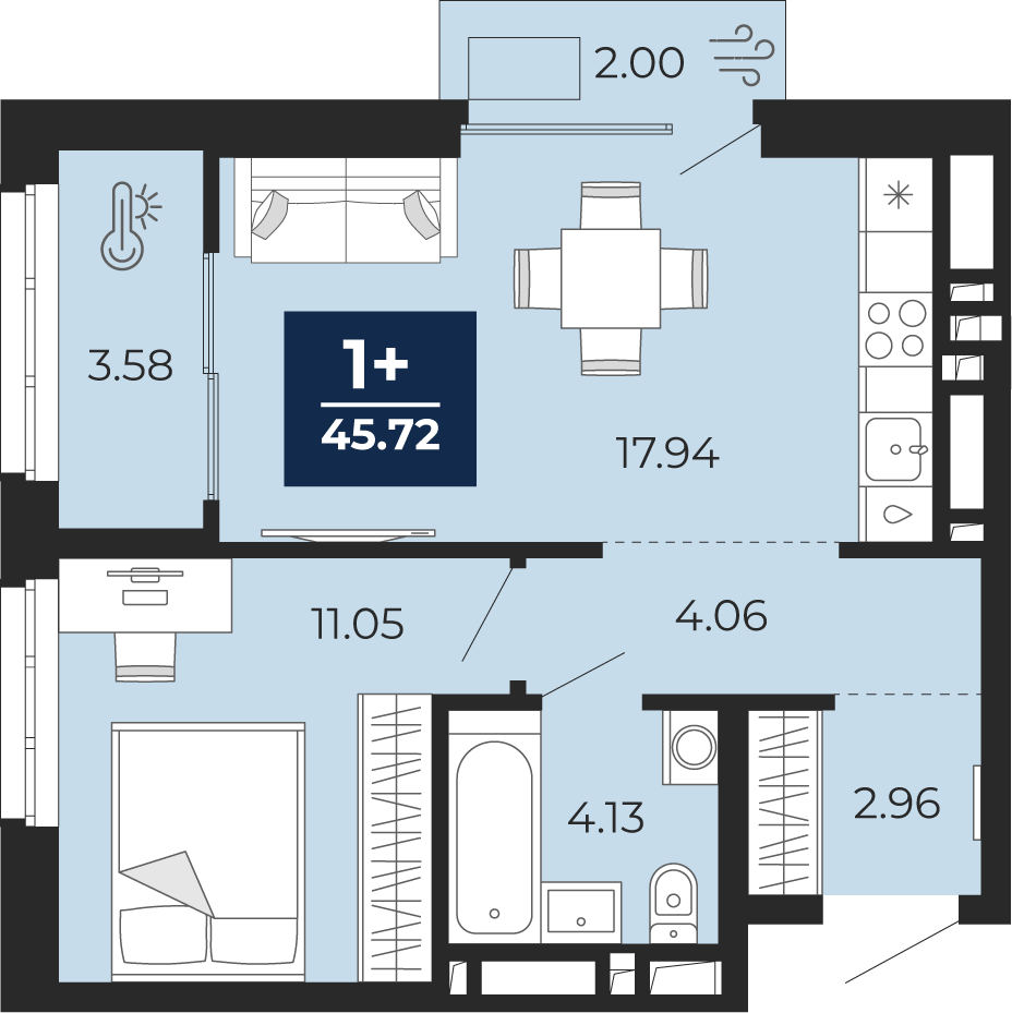 1-комнатная 43 м2 в ЖК Беринг корпус null этаж 6