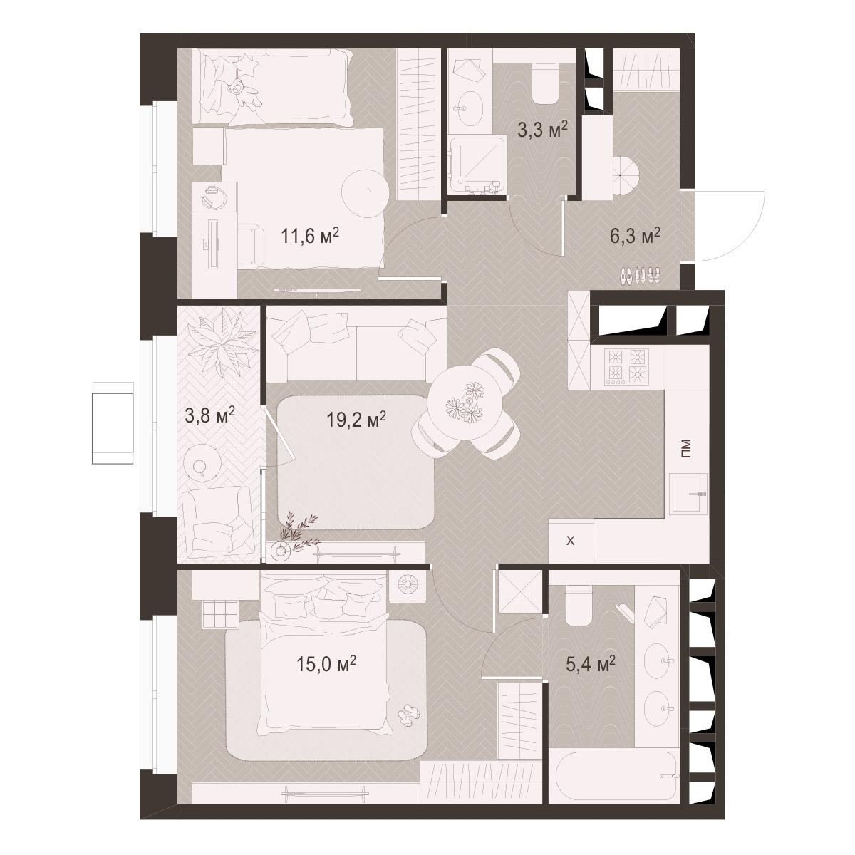 2-комнатная 64 м2 в ЖК Гранд Комфорт-3 корпус null этаж 13