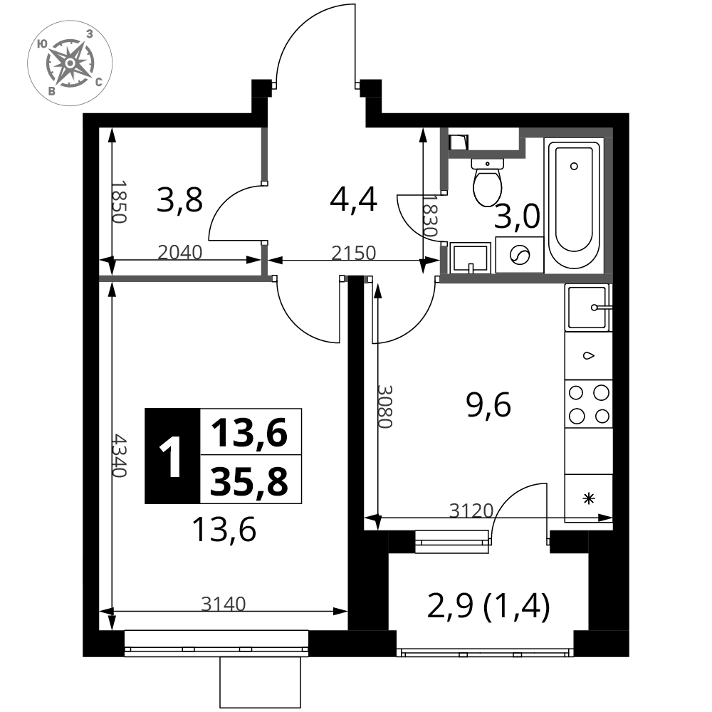 1-комнатная 35 м2 в ЖК 1-й Донской корпус null этаж 11