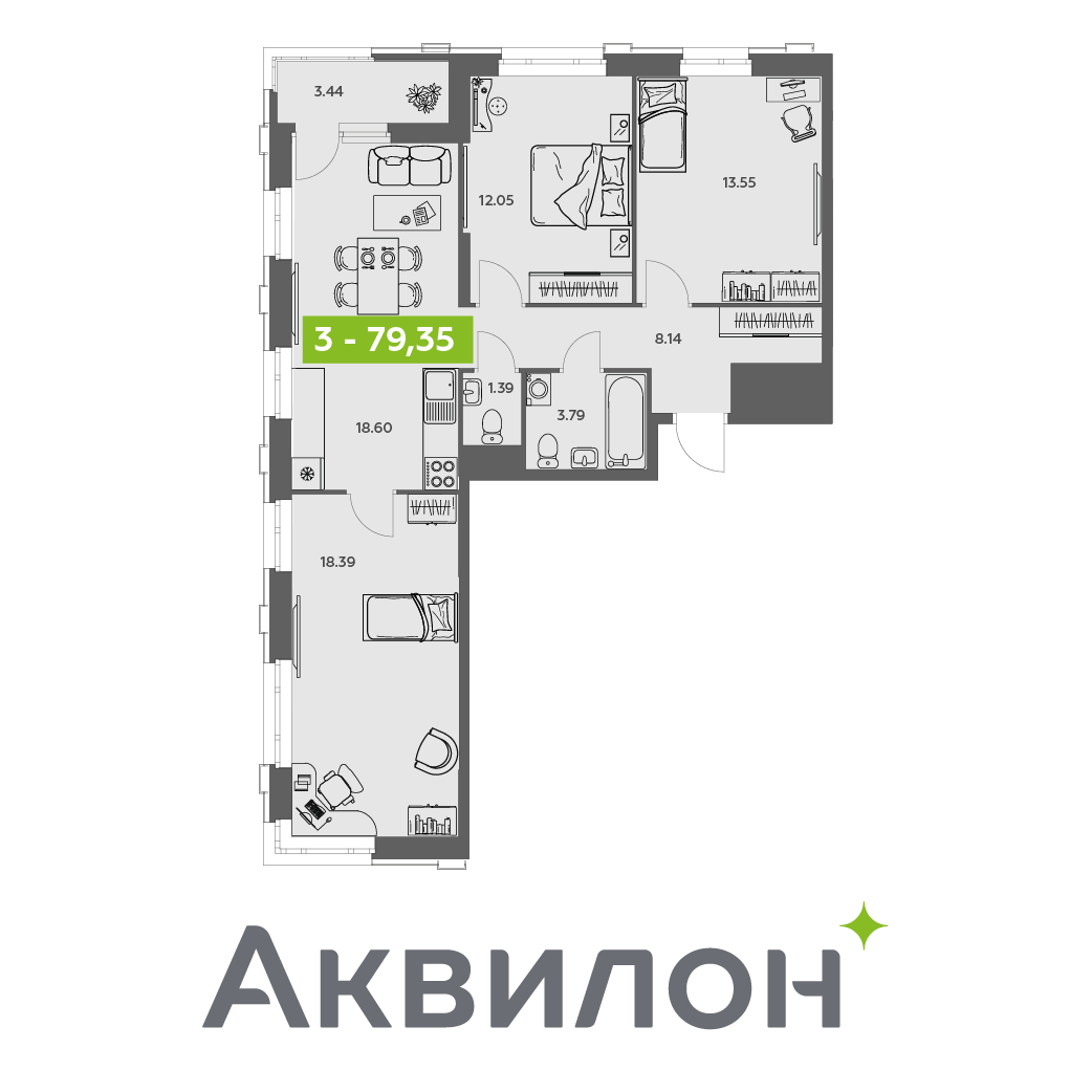 Студия 79 м2 в ЖК Аквилон АКВАРТАЛ корпус null этаж 11