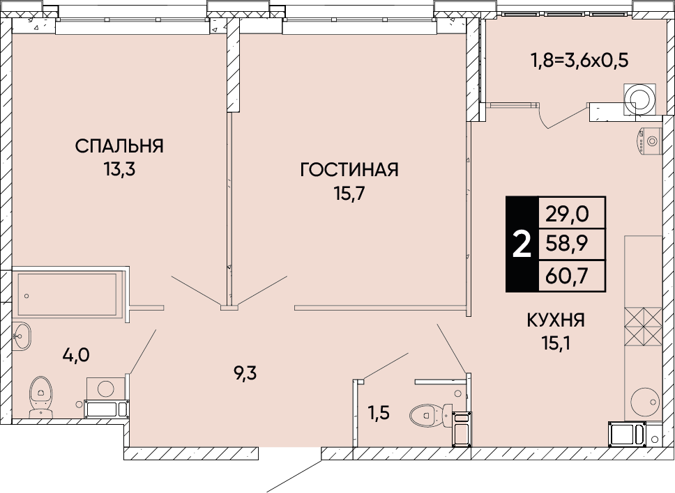 2-комнатная 60 м2 в ЖК Левобережье корпус null этаж 7
