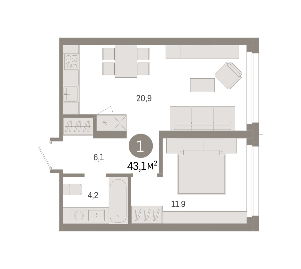 1-комнатная 43 м2 в ЖК Квартал Нефть корпус null этаж 2