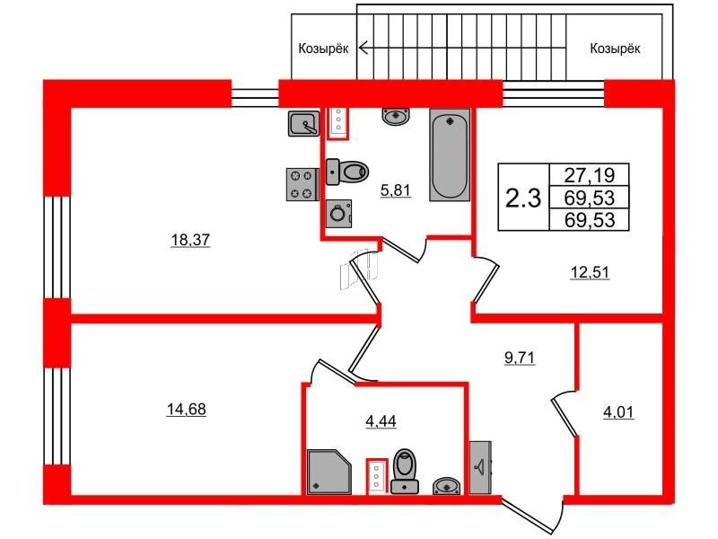 2-комнатная 68 м2 в ЖК Прайм Приморский корпус null этаж 1