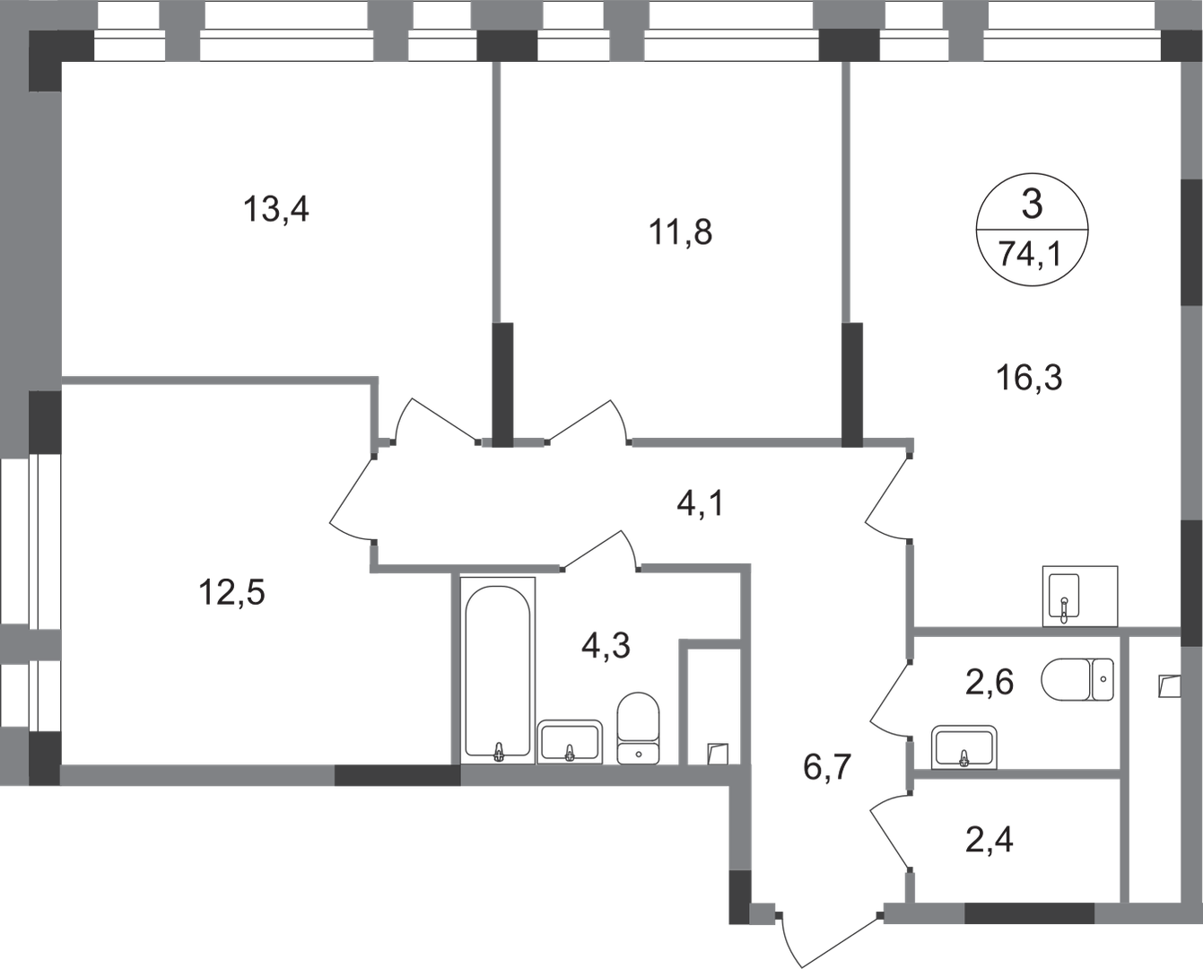 3-комнатная 74 м2 в ЖК Первый Московский корпус null этаж 2