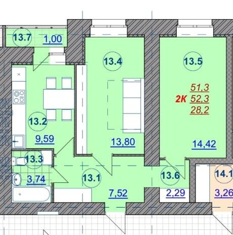 2-комнатная 51.4 м2 в ЖК undefined корпус null этаж 9