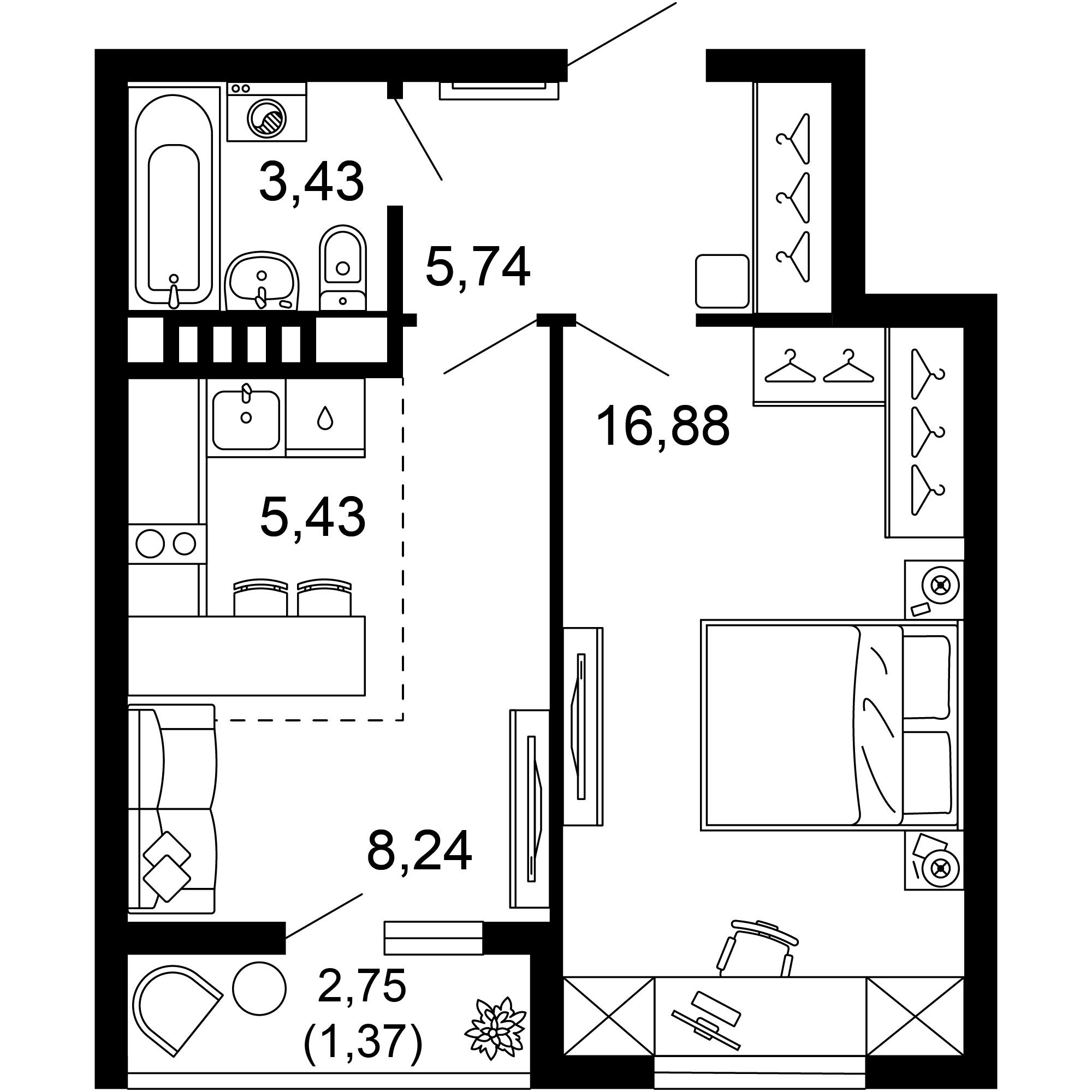 2-комнатная 41 м2 в ЖК 1799 корпус null этаж 5