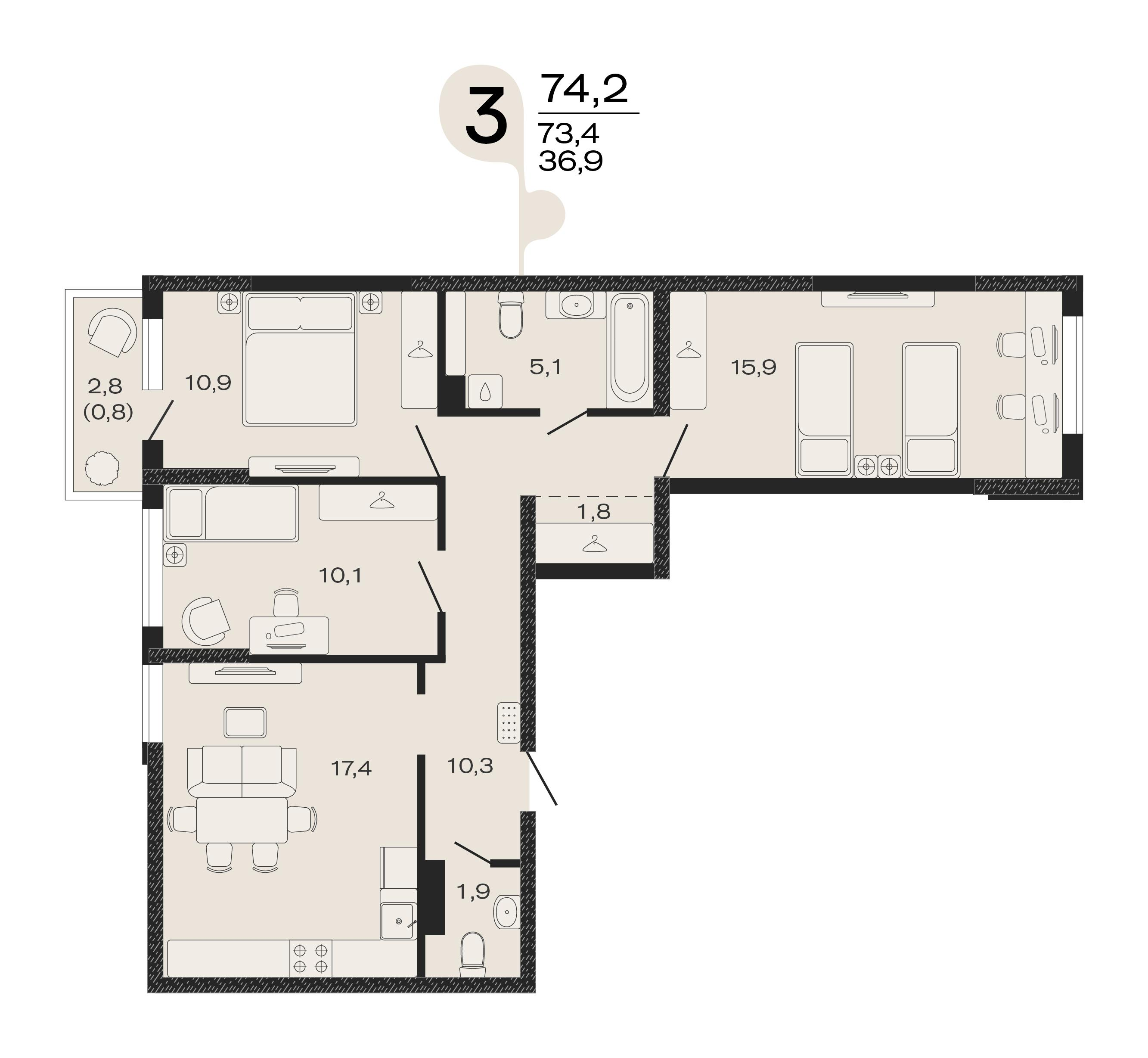 3-комнатная 74 м2 в ЖК ЭВО корпус null этаж 4
