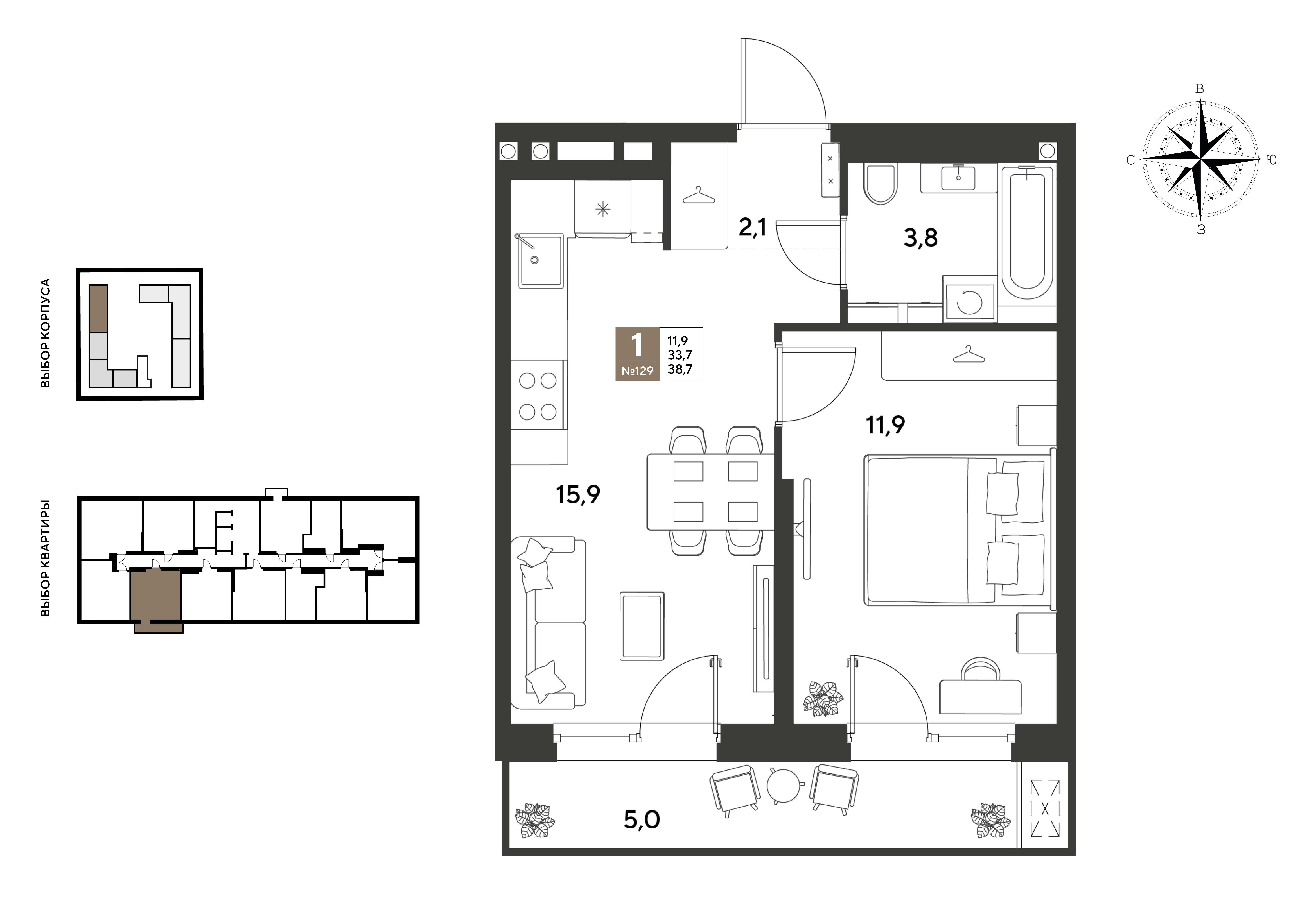 1-комнатная 38 м2 в ЖК GRADE корпус null этаж 2