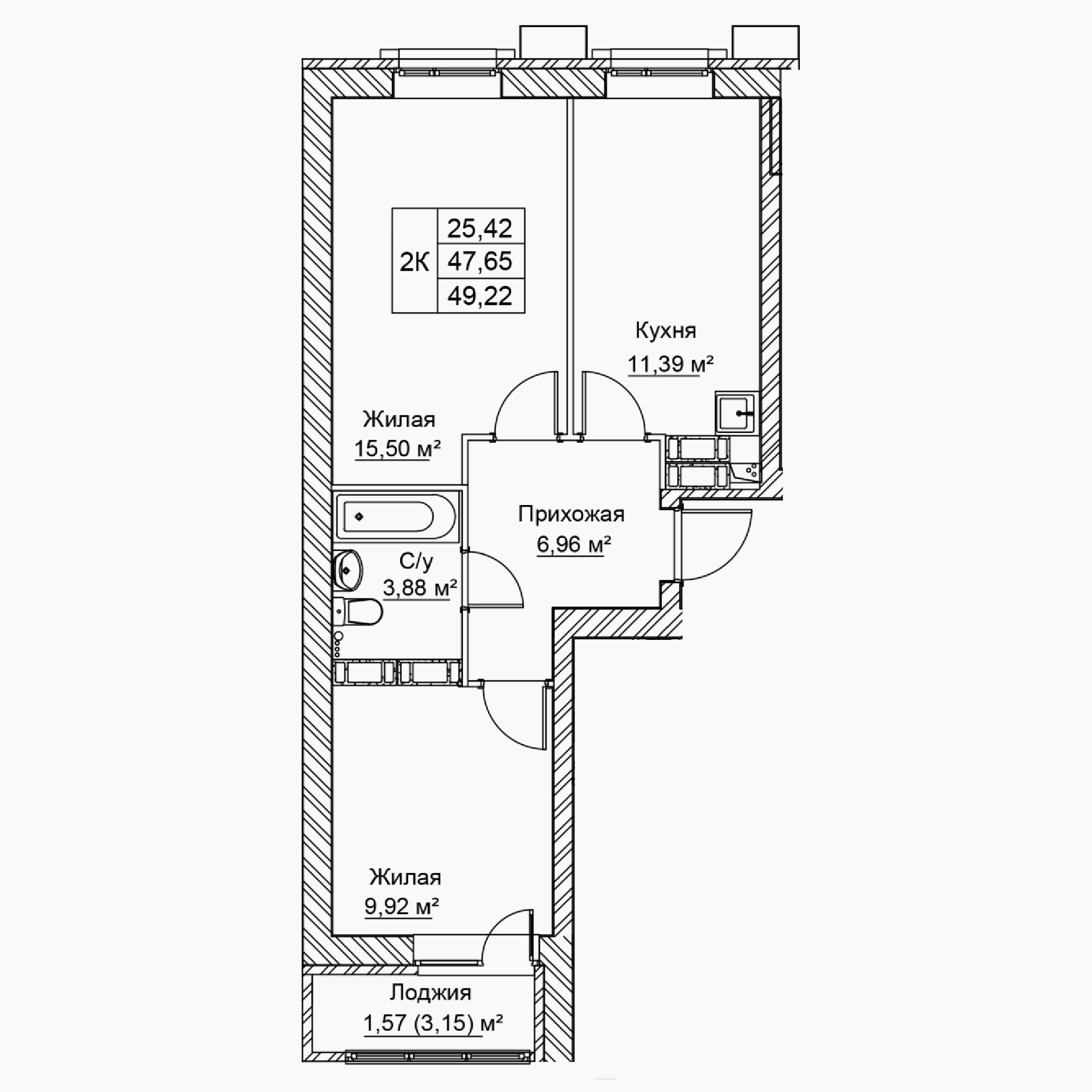2-комнатная 49 м2 в ЖК Сталь корпус null этаж 15