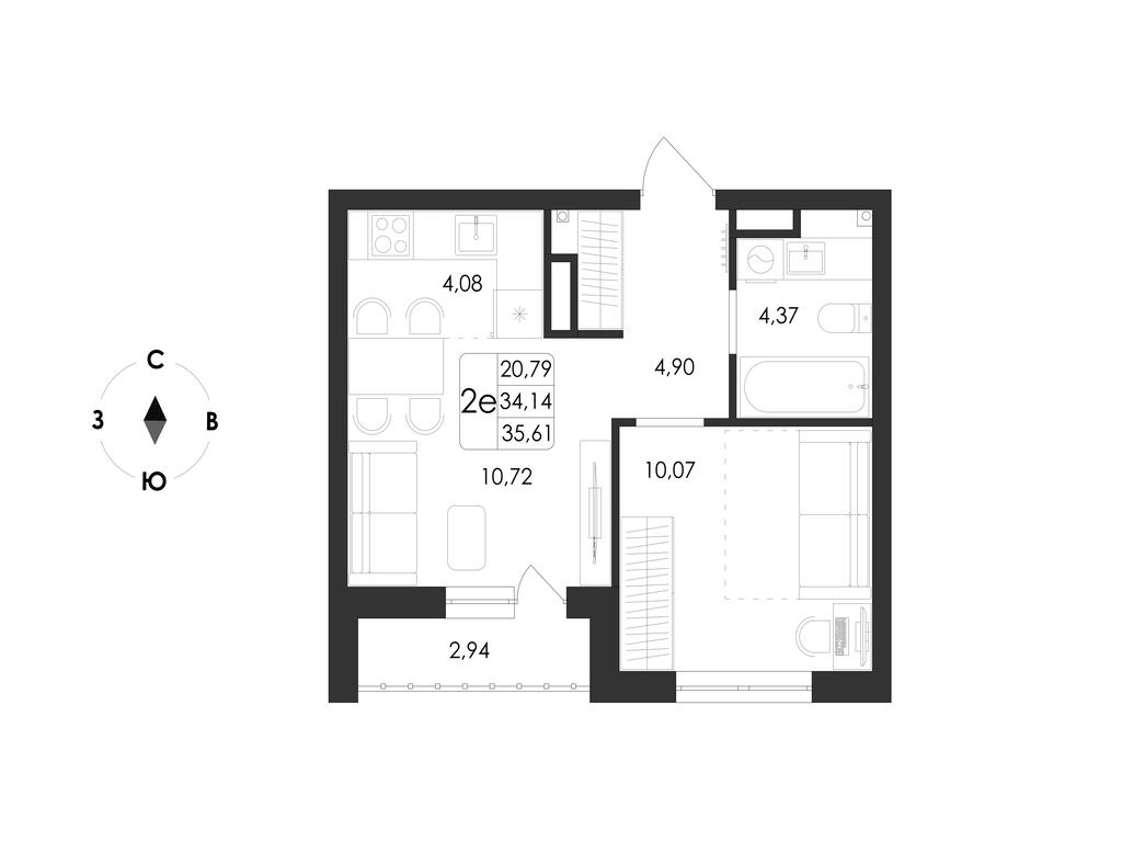 2-комнатная 35 м2 в ЖК Май корпус null этаж 12