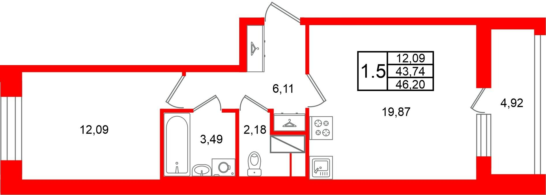 1-комнатная 43 м2 в ЖК Астра Континенталь корпус null этаж 11