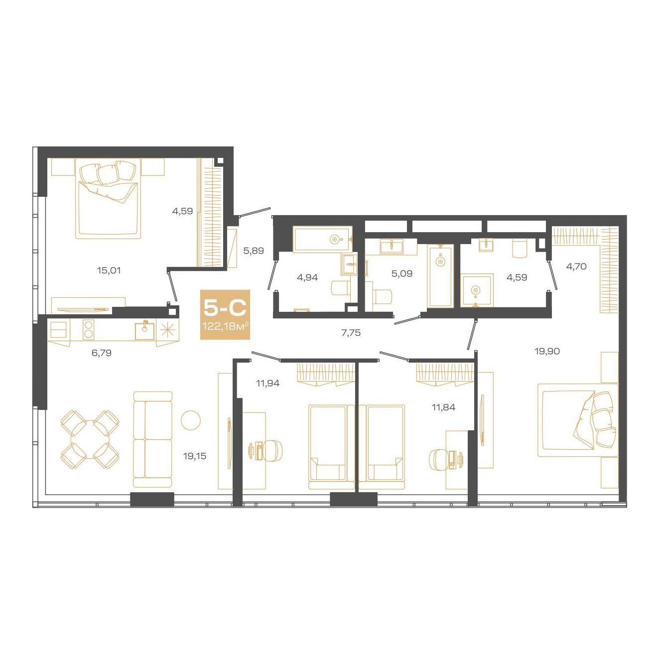 5-комнатная 122 м2 в ЖК Пульсар корпус null этаж 24